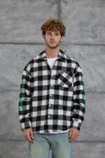 Мужская Теплая Фланелевая Черно-Белая Рубашка - Клетчатая с Вышивкой на Рукавах