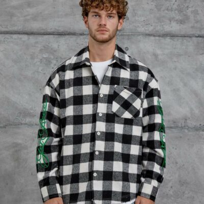 Мужская Теплая Фланелевая Черно-Белая Рубашка - Клетчатая с Вышивкой на Рукавах