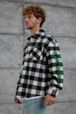 Мужская Теплая Фланелевая Черно-Белая Рубашка - Клетчатая с Вышивкой на Рукавах