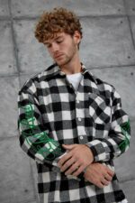 Мужская Теплая Фланелевая Черно-Белая Рубашка - Клетчатая с Вышивкой на Рукавах