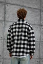 Мужская Теплая Фланелевая Черно-Белая Рубашка - Клетчатая с Вышивкой на Рукавах