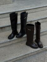 Женские Зимние Высокие Жокейские Кожаные Шоколадные Сапоги Трубы с Замочком