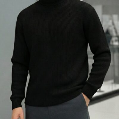 Мужской Свободный Базовый Черный Гольф с Воротником Стойкой