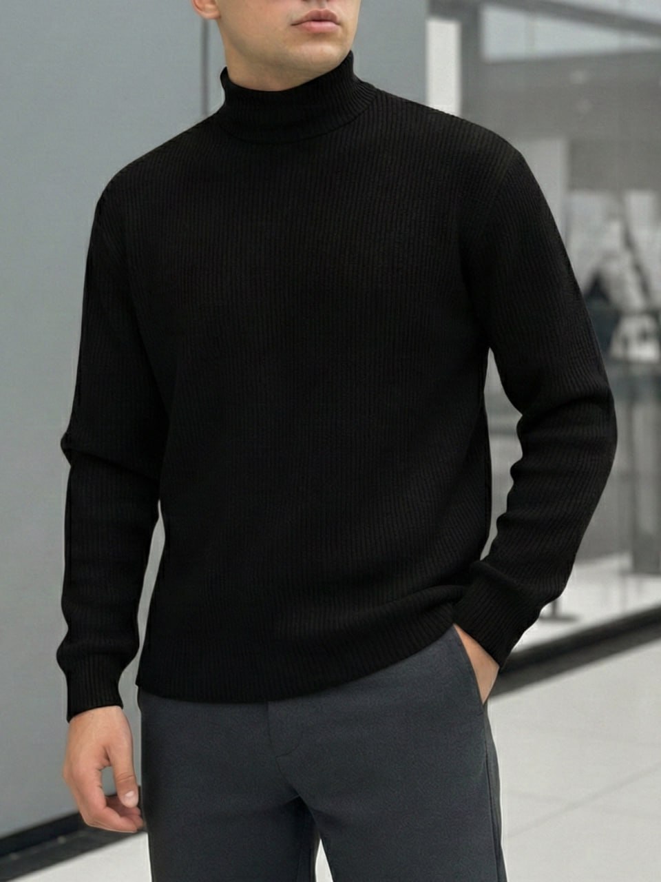 photo_2025-11-27_08-39-48 Мужской Свободный Базовый Черный Гольф с Воротником Стойкой