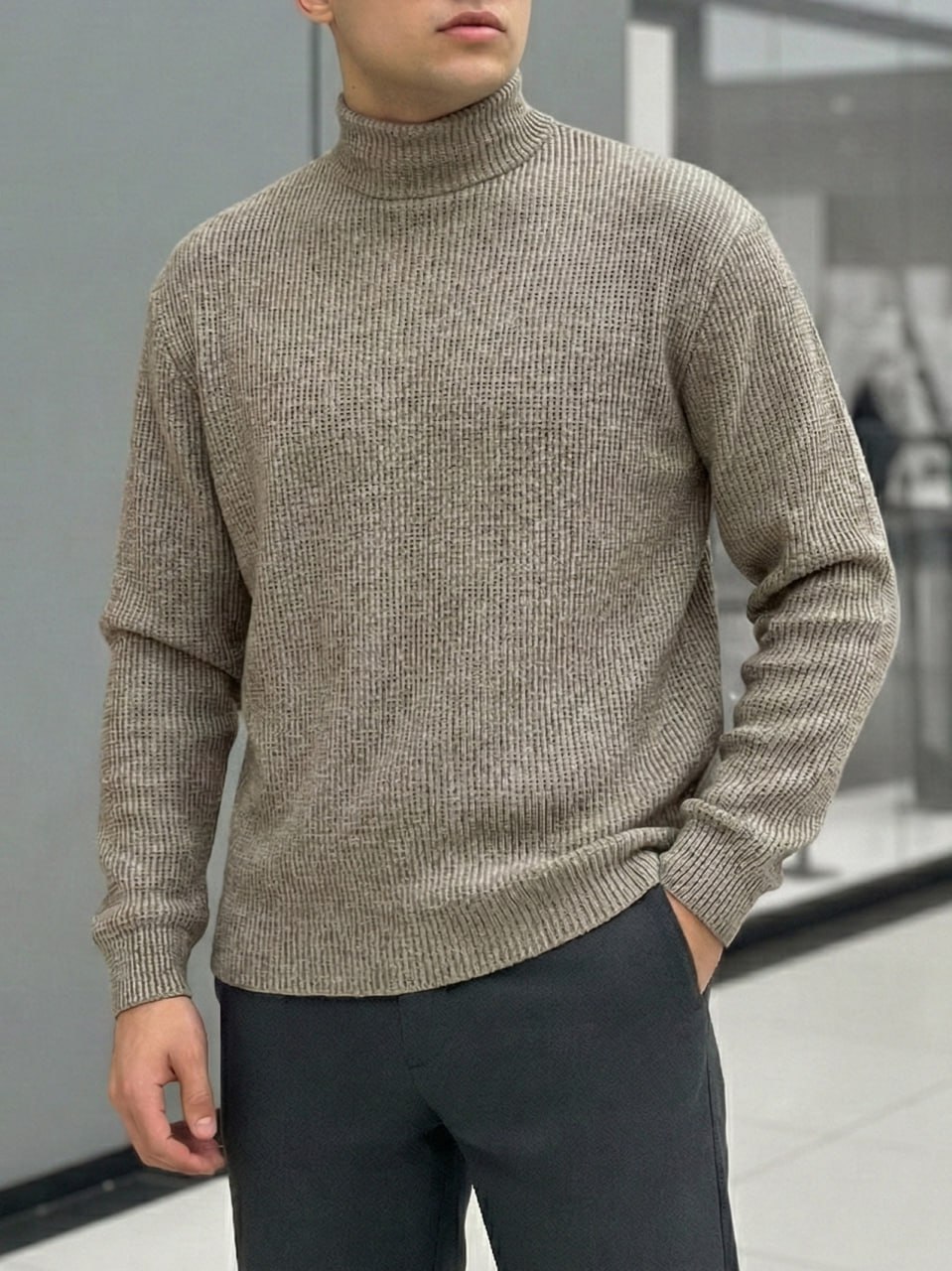 photo_2025-11-27_08-39-52 Мужской Свободный Базовый Бежевый Гольф с Воротником Стойкой