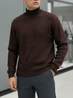 Мужской Свободный Базовый Коричневый Гольф с Воротником Стойкой