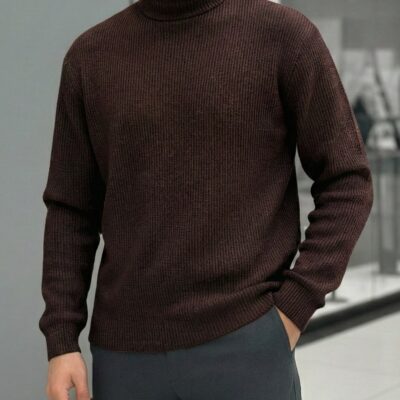 Мужской Свободный Базовый Коричневый Гольф с Воротником Стойкой