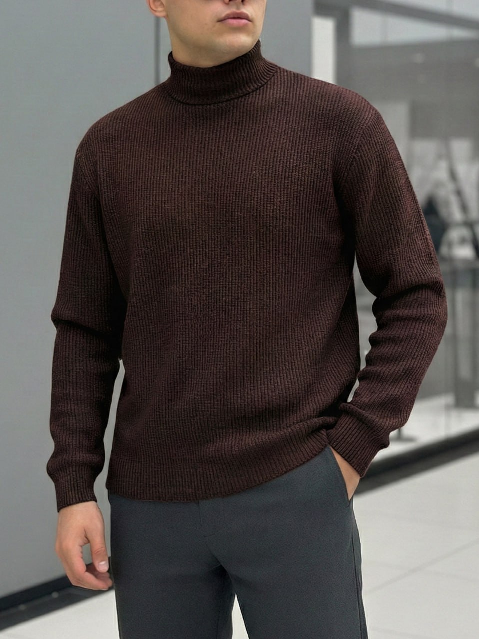 photo_2025-11-27_08-39-57 Мужской Свободный Базовый Коричневый Гольф с Воротником Стойкой