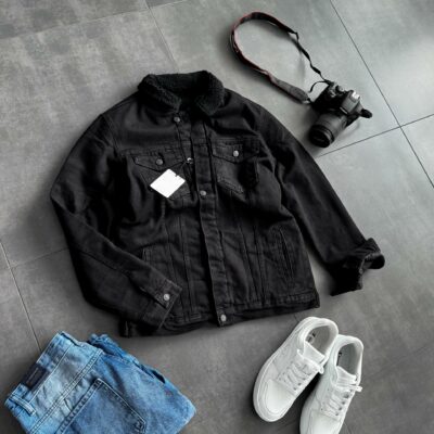 Мужская Черная Джинсовка Коттонка Утепленная на Овчине