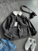 Мужская Утепленная Серая Джинсовка Коттонка на Овчине - Белый Мех