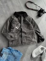 Мужская Утепленная Серая Джинсовка Коттонка на Овчине - Черный Мех