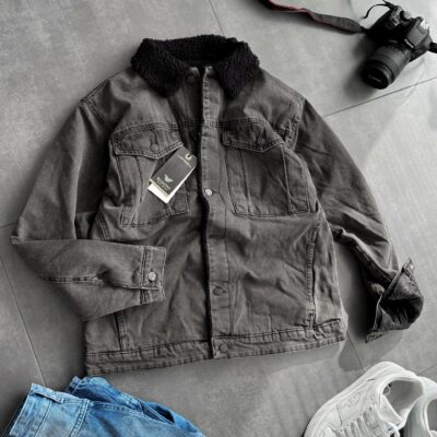 Мужская Утепленная Серая Джинсовка Коттонка на Овчине - Черный Мех