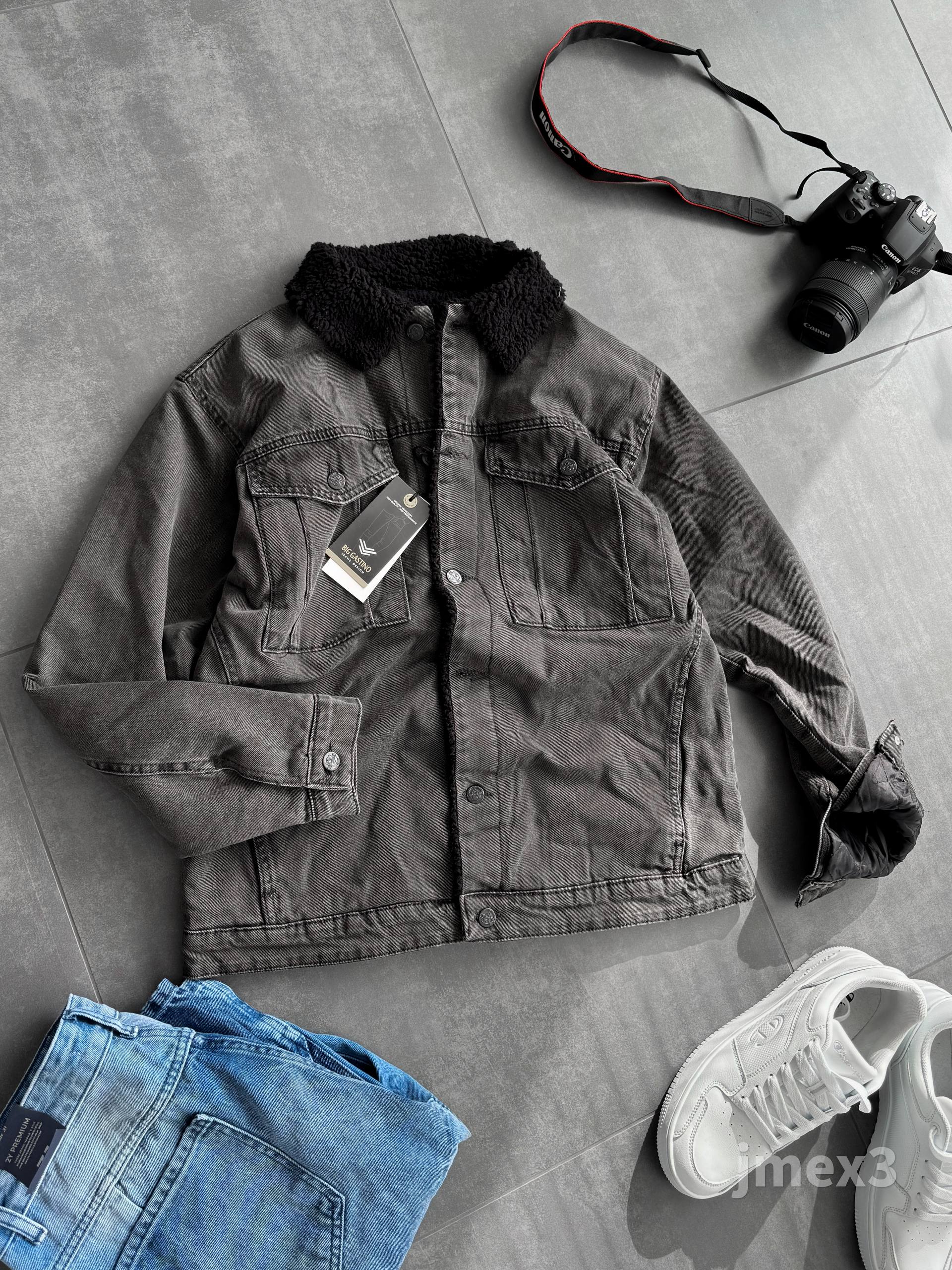 photo_2025-11-27_09-22-55 Мужская Утепленная Серая Джинсовка Коттонка на Овчине - Черный Мех