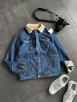 Мужская Синяя Джинсовка Коттонка на Овчине – Бежевый Мех