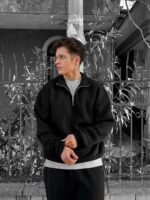 Мужская Черная Кофта Оверсайз с Высокой Горловиной на Змейке - Теплая на Флисе