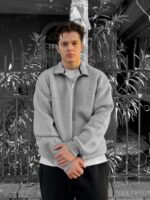 Мужская Серая Кофта Оверсайз с Высокой Горловиной на Змейке - Теплая на Флисе