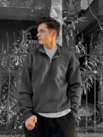 Мужская Темно-Серая Кофта Оверсайз с Высокой Горловиной на Змейке - Теплая на Флисе