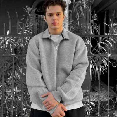 Мужская Серая Кофта Оверсайз с Высокой Горловиной на Змейке - Теплая на Флисе