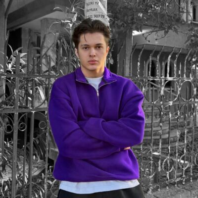 Мужская Фиолетовая Кофта Оверсайз с Высокой Горловиной на Змейке - Теплая на Флисе