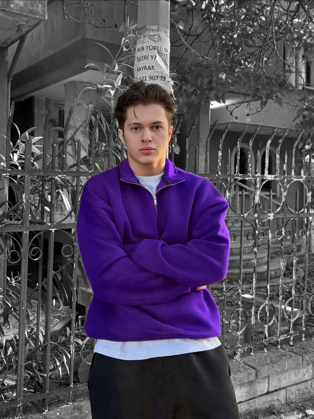 photo_2025-11-27_10-13-50 Мужская Фиолетовая Кофта Оверсайз с Высокой Горловиной на Змейке - Теплая на Флисе