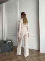 Женский Базовый Трикотажный Бежевый Костюм в Рубчик с Разрезами - Кофта Поло на Молнии + Штаны Прямого Кроя