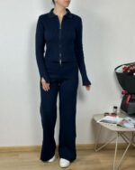 Женский Базовый Трикотажный Темно-Синий Костюм в Рубчик с Разрезами - Кофта Поло на Молнии + Штаны Прямого Кроя