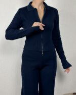 Женский Базовый Трикотажный Темно-Синий Костюм в Рубчик с Разрезами - Кофта Поло на Молнии + Штаны Прямого Кроя