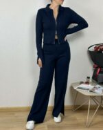 Женский Базовый Трикотажный Темно-Синий Костюм в Рубчик с Разрезами - Кофта Поло на Молнии + Штаны Прямого Кроя