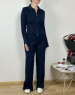 Женский Базовый Трикотажный Темно-Синий Костюм в Рубчик с Разрезами - Кофта Поло на Молнии + Штаны Прямого Кроя