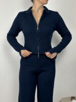 Женский Базовый Трикотажный Темно-Синий Костюм в Рубчик с Разрезами - Кофта Поло на Молнии + Штаны Прямого Кроя