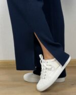 Женский Базовый Трикотажный Темно-Синий Костюм в Рубчик с Разрезами - Кофта Поло на Молнии + Штаны Прямого Кроя