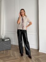 Женская Трикотажная Бежевая Кофта с Короткими Рукавами и Платком-Галстуком