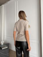 Женская Трикотажная Бежевая Кофта с Короткими Рукавами и Платком-Галстуком