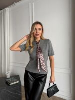 Женская Трикотажная Серая Кофта с Короткими Рукавами и Платком-Галстуком