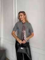 Женская Трикотажная Серая Кофта с Короткими Рукавами и Платком-Галстуком