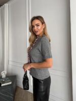 Женская Трикотажная Серая Кофта с Короткими Рукавами и Платком-Галстуком