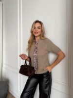 Женская Трикотажная Кофта Мокко с Короткими Рукавами и Платком-Галстуком