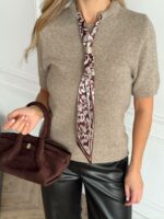 Женская Трикотажная Кофта Мокко с Короткими Рукавами и Платком-Галстуком