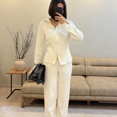 Женский Базовый Трикотажный Молочный Костюм на Молнии (Кофта + Штаны)