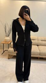 Женский Базовый Трикотажный Черный Костюм на Молнии (Кофта + Штаны)