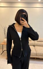 Женский Базовый Трикотажный Черный Костюм на Молнии (Кофта + Штаны)