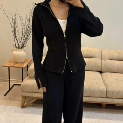 Женский Базовый Трикотажный Черный Костюм на Молнии (Кофта + Штаны)