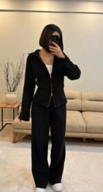 Женский Базовый Трикотажный Черный Костюм на Молнии (Кофта + Штаны)