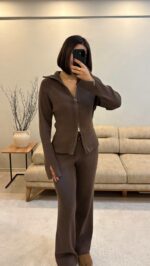 Женский Базовый Трикотажный Коричневый Костюм на Молнии (Кофта + Штаны)