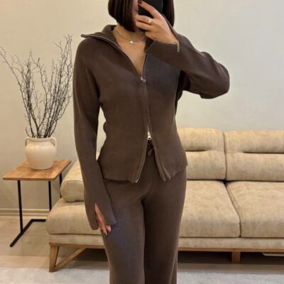 Женский Базовый Трикотажный Коричневый Костюм на Молнии (Кофта + Штаны)