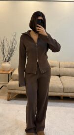 Женский Базовый Трикотажный Коричневый Костюм на Молнии (Кофта + Штаны)