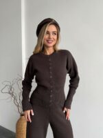 Женский Базовый Коричневый Костюм Трикотажный - Кофта на Кнопках + Штаны Свободного Кроя