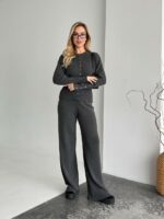 Женский Базовый Графитовый Костюм Трикотажный - Кофта на Кнопках + Штаны Свободного Кроя