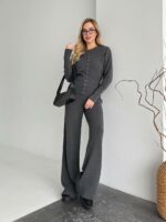 Женский Базовый Графитовый Костюм Трикотажный - Кофта на Кнопках + Штаны Свободного Кроя