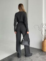 Женский Базовый Графитовый Костюм Трикотажный - Кофта на Кнопках + Штаны Свободного Кроя